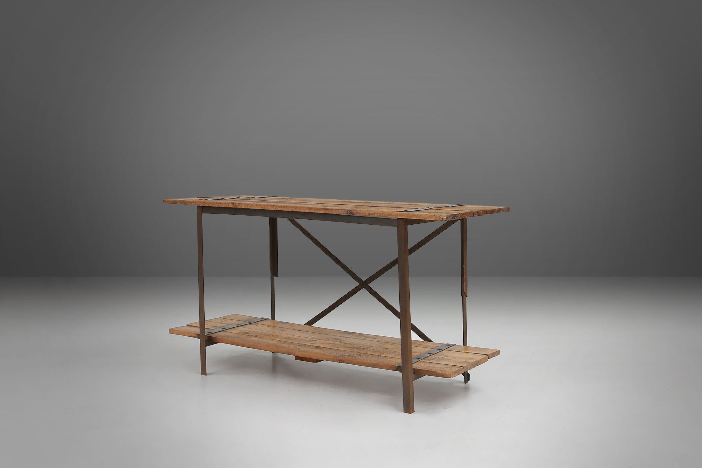  Industrial side tables with metal frame and wooden top and removable platform, Belgium, 1920thumbnail